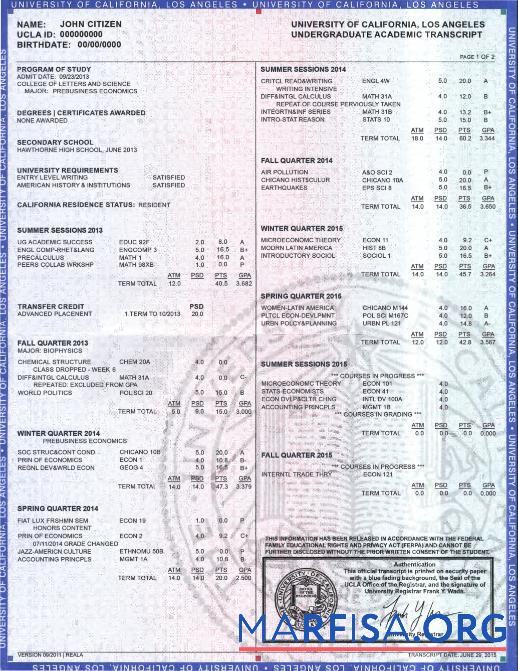 Blank official undergraduate academic transcript from the University of California, Los Angeles, 2 pages example